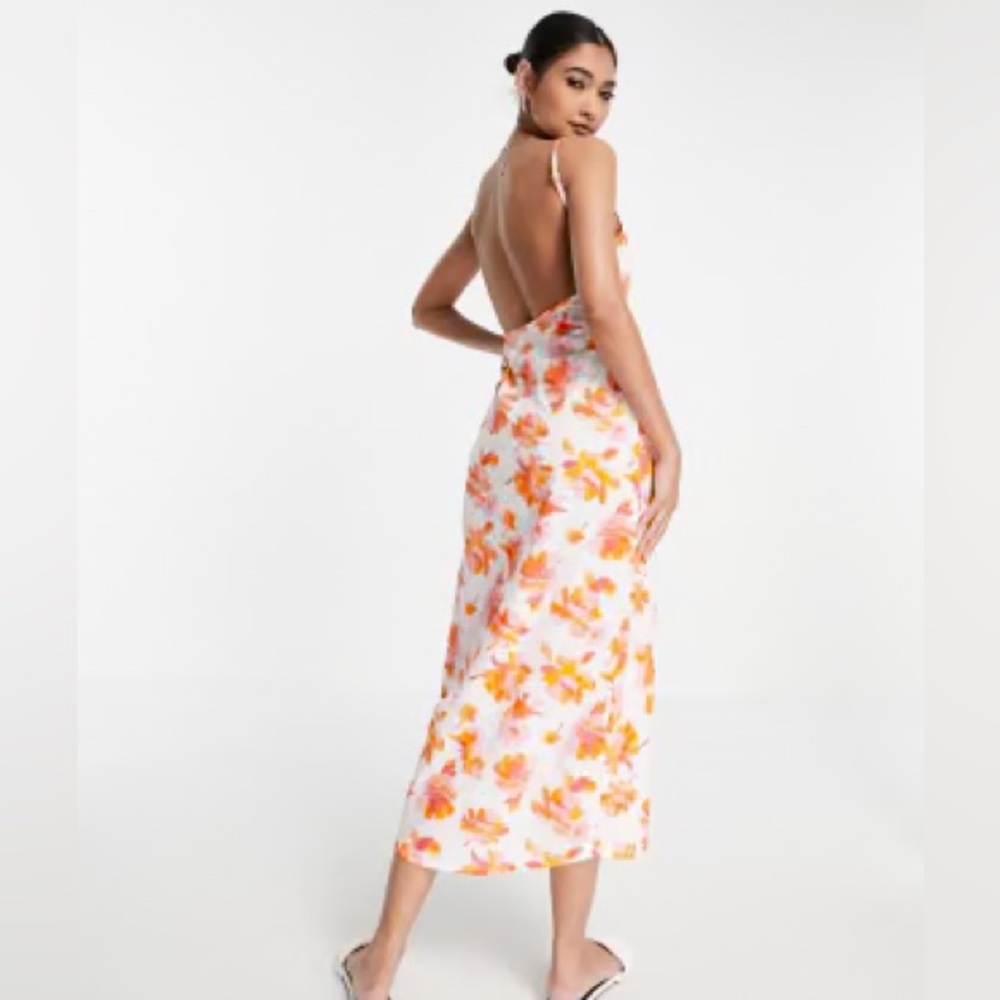 ASOS design linen midi dress pink and orange floral print